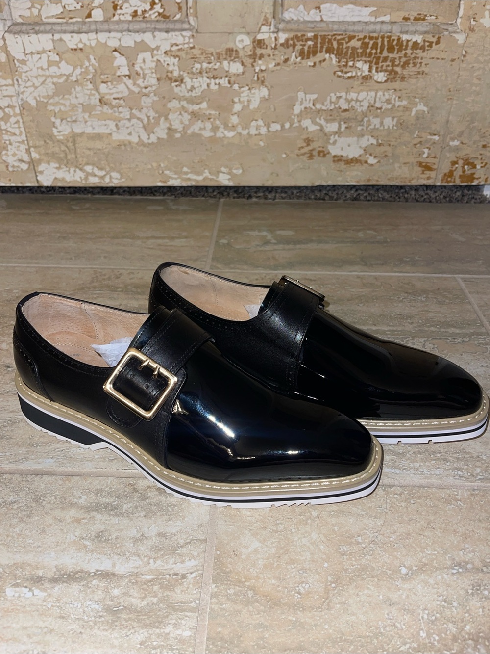Stacy Adams Black Patent Leather Slip-On Loafers with Gold Buckle